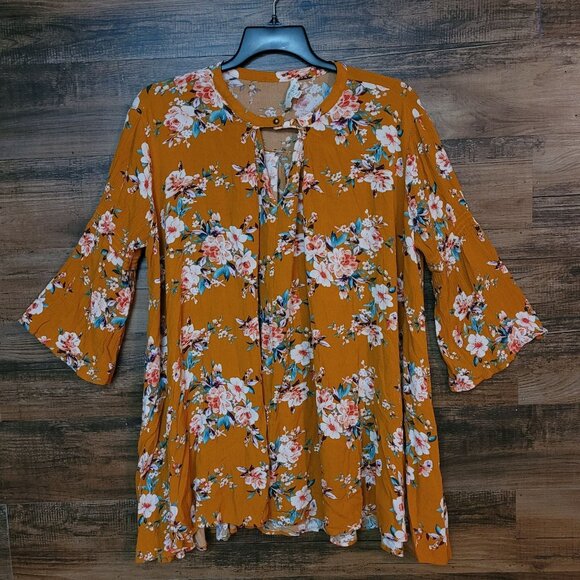 Umgee Baby Doll Tunic Top XL Gauzy Crinkle Floral Bell Sleeve Boho Cottagecore - Picture 1 of 9